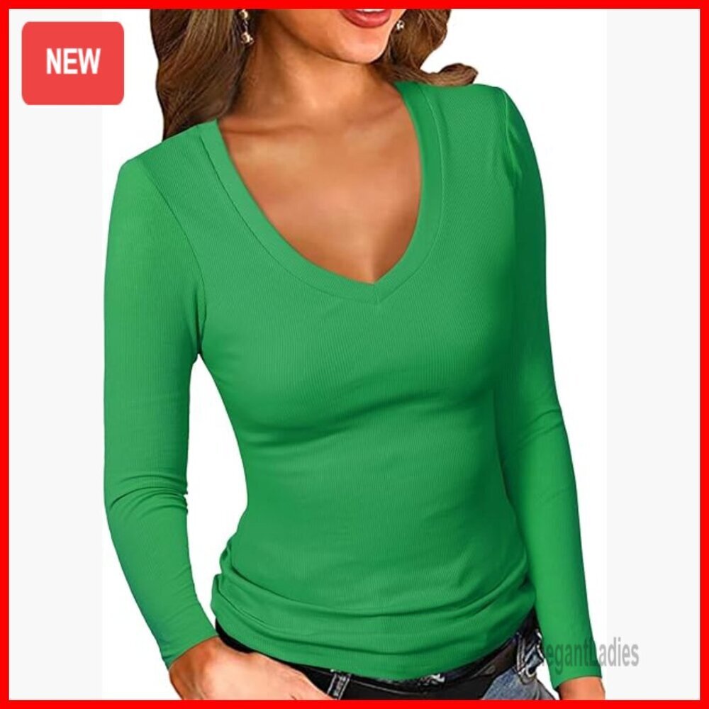 Long Sleeve V Neck Ribbed Fitted Tee Slim Fit Layering Top